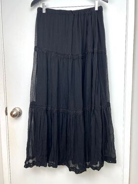 Vintage MXM Pleated Flowy Crochet Trim Maxi Skirt XL Black Witchycore Bohemian